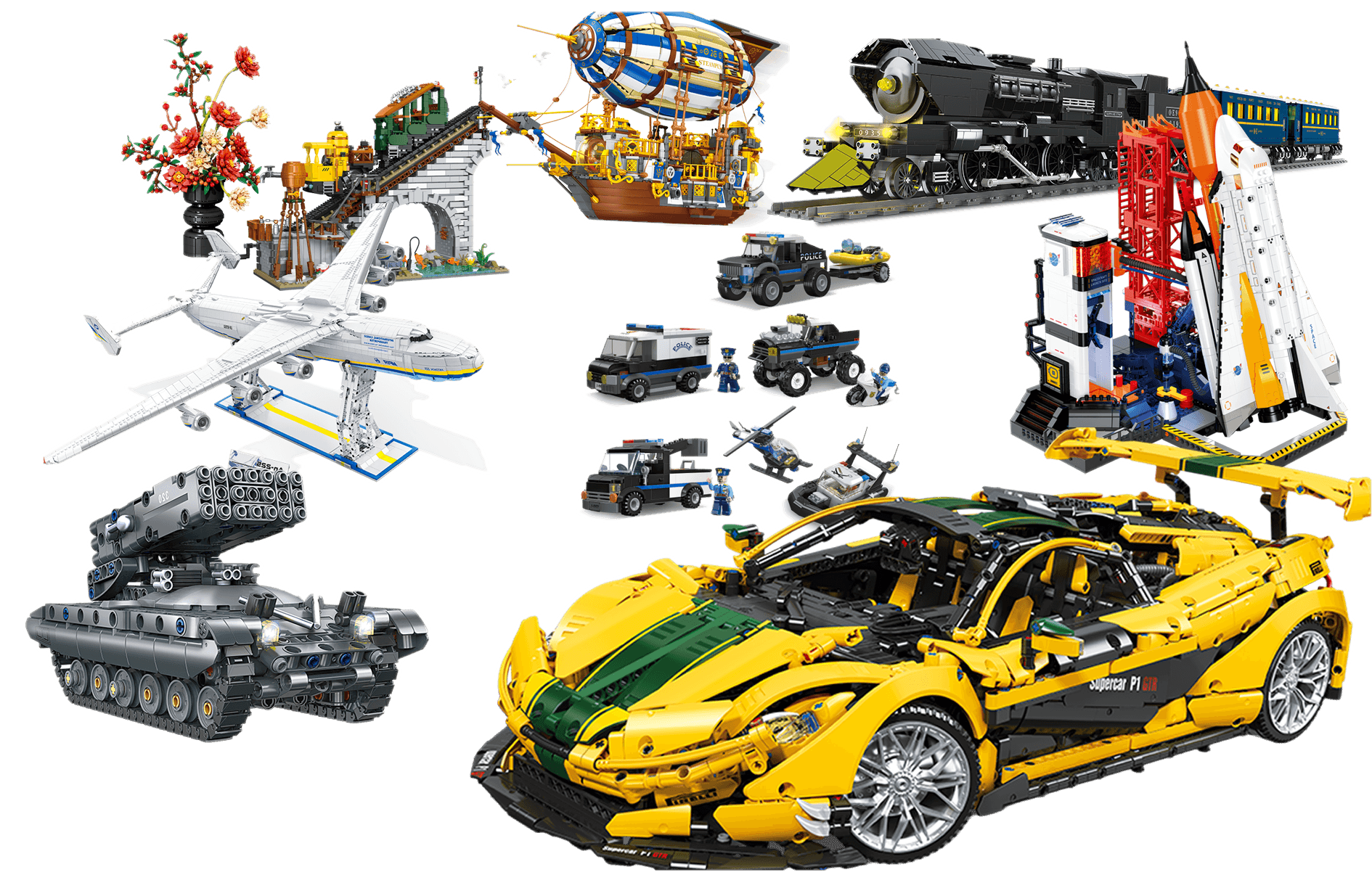 JIESTAR product line showcase with real car, train, modular building, flower, space and ship building block models