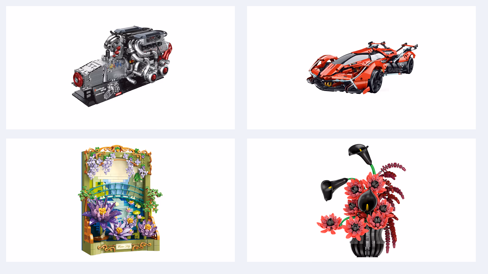 Four recently added JIESTAR and GULY building block models including an engine, car, water lily scene, and flower arrangement