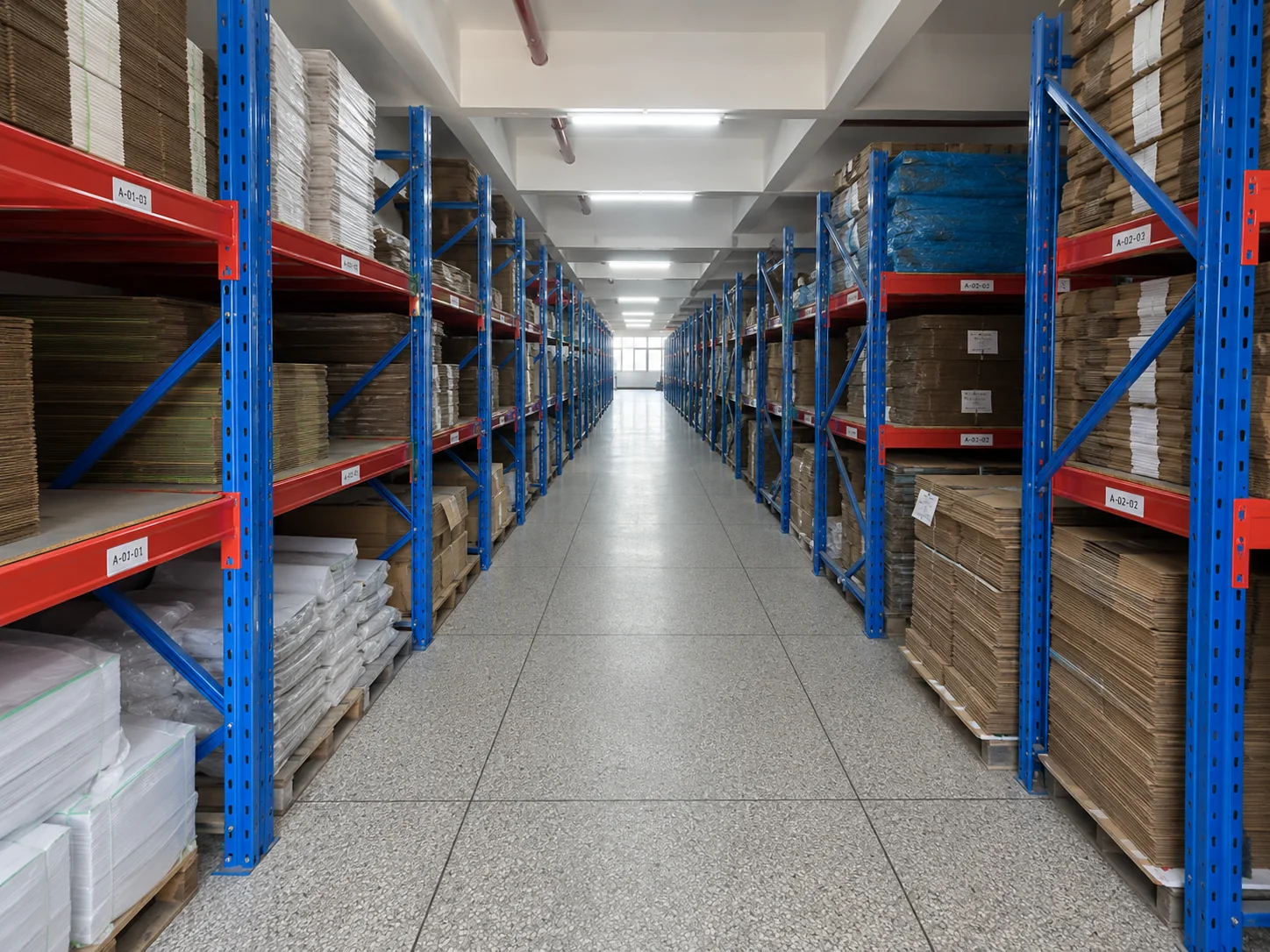 Organized packaging materials stored inside the JIESTAR production facility