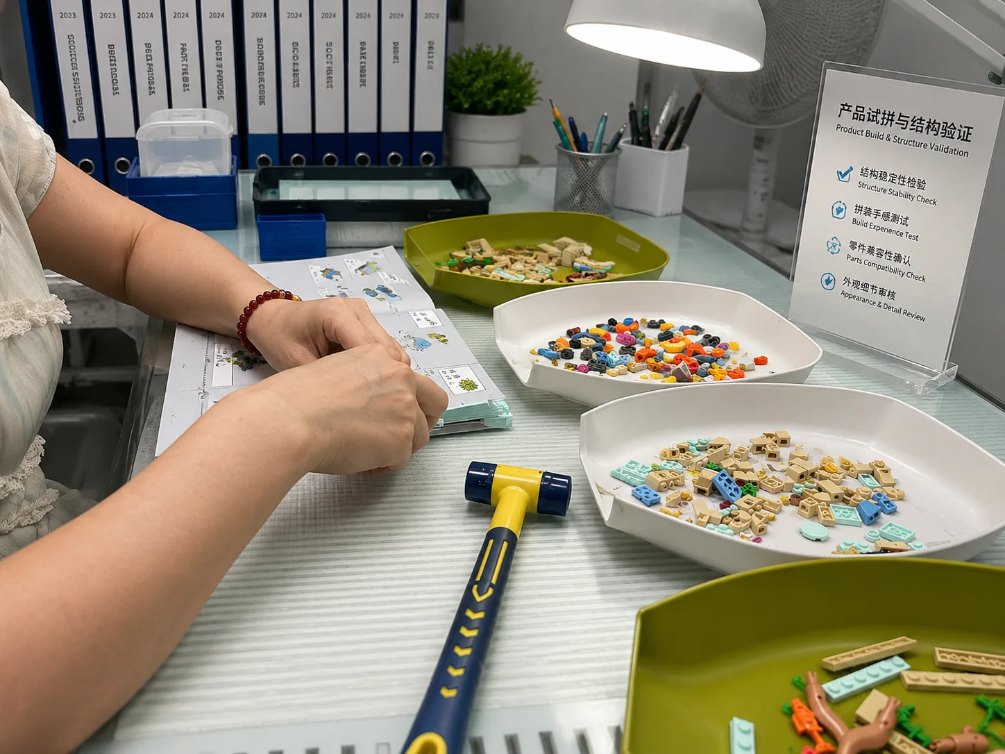 JIESTAR team member checking a building block prototype during product validation