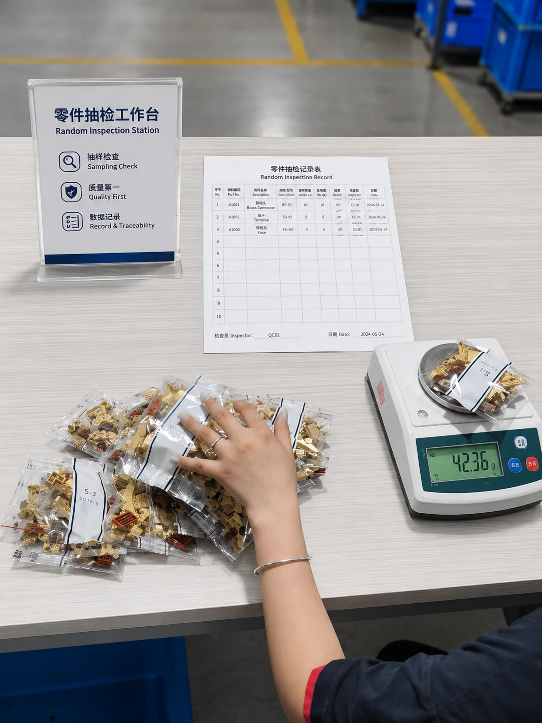 JIESTAR quality inspector weighing packed building block parts at a sampling station