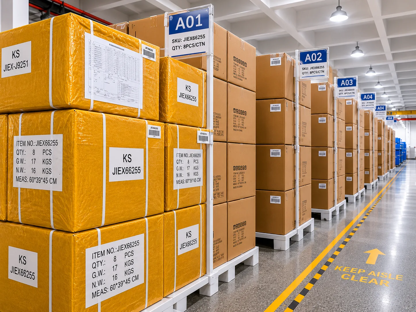 Labeled cartons arranged in a JIESTAR warehouse aisle for wholesale and project supply