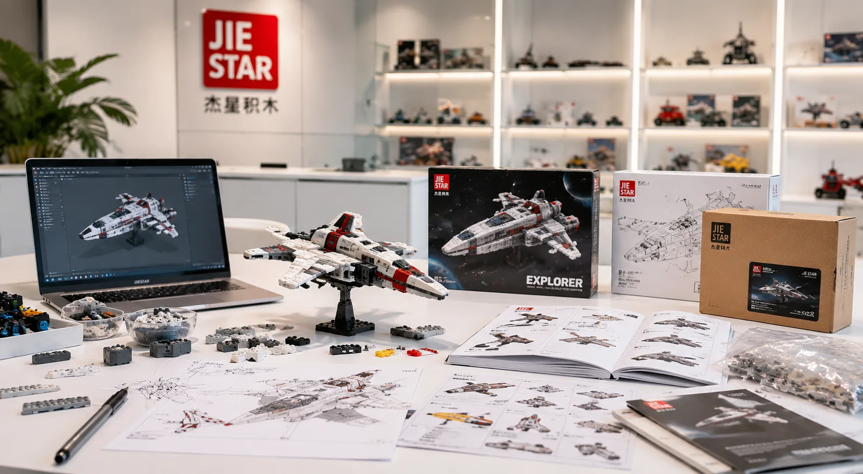 JIESTAR showroom table with a building block model, packaging, instructions, and product development materials