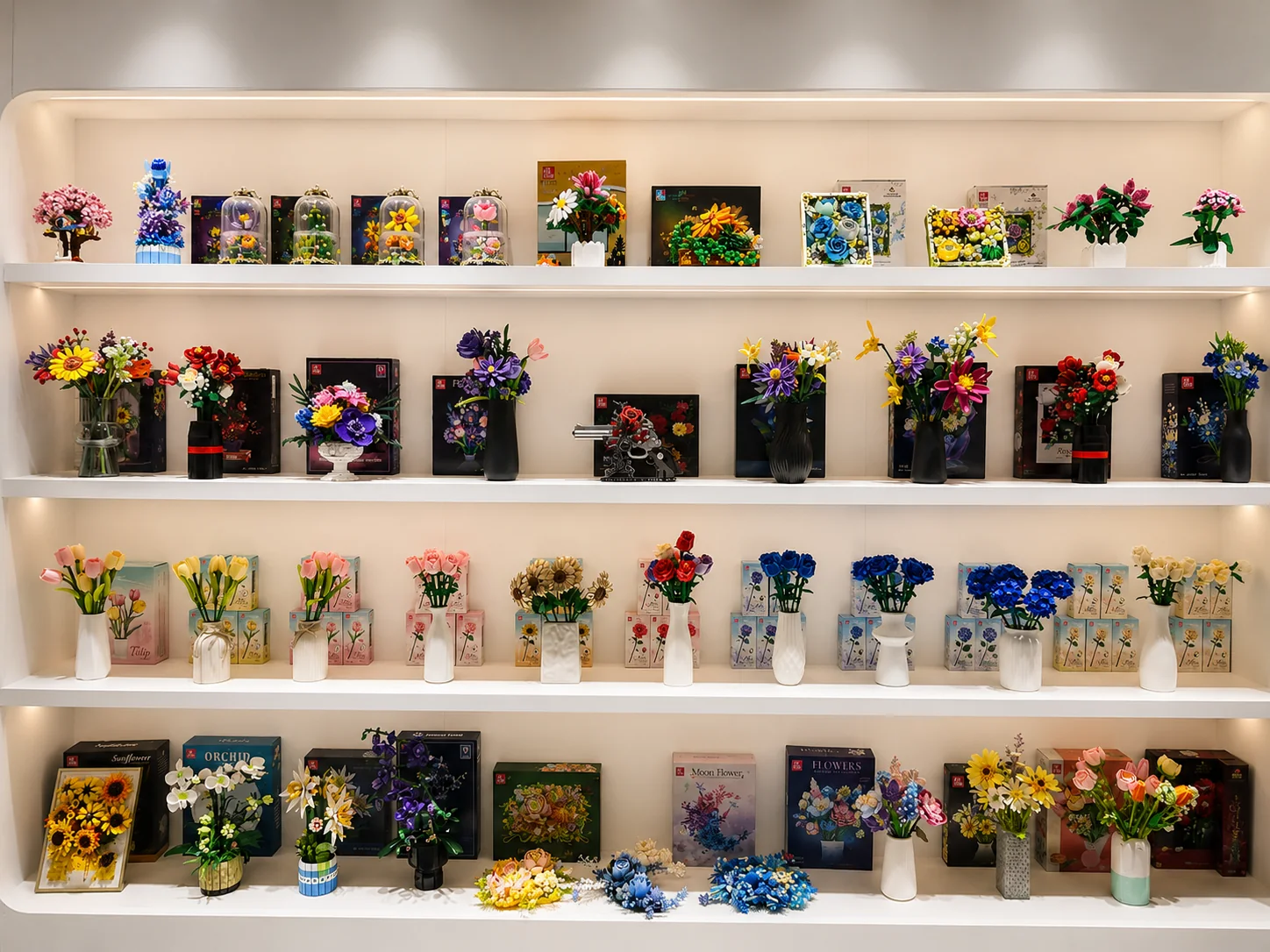 Flower building block products displayed on a JIESTAR showroom wall